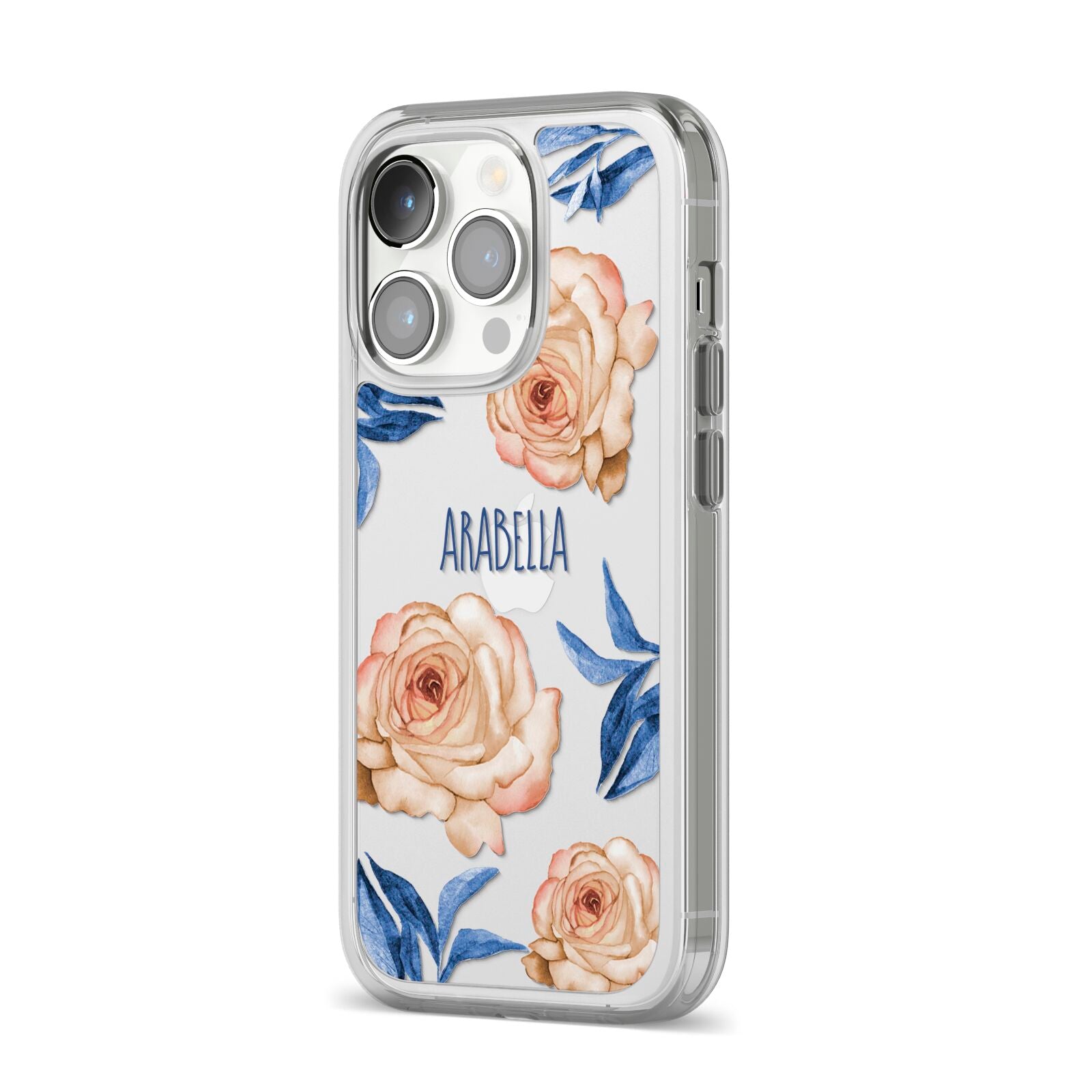 Pretty Floral Custom iPhone 14 Pro Clear Tough Case Silver Angled Image