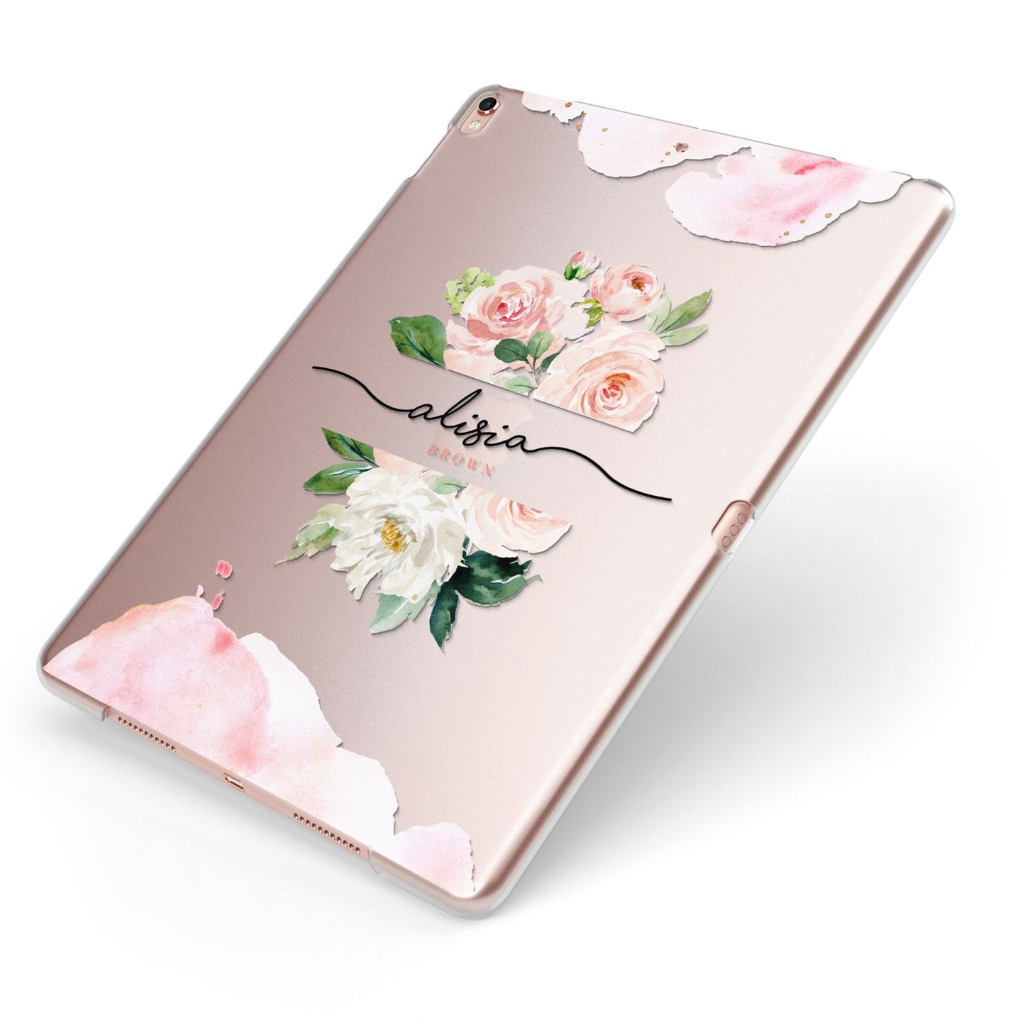 Pretty Roses Personalised Name Apple iPad Case on Rose Gold iPad Side View
