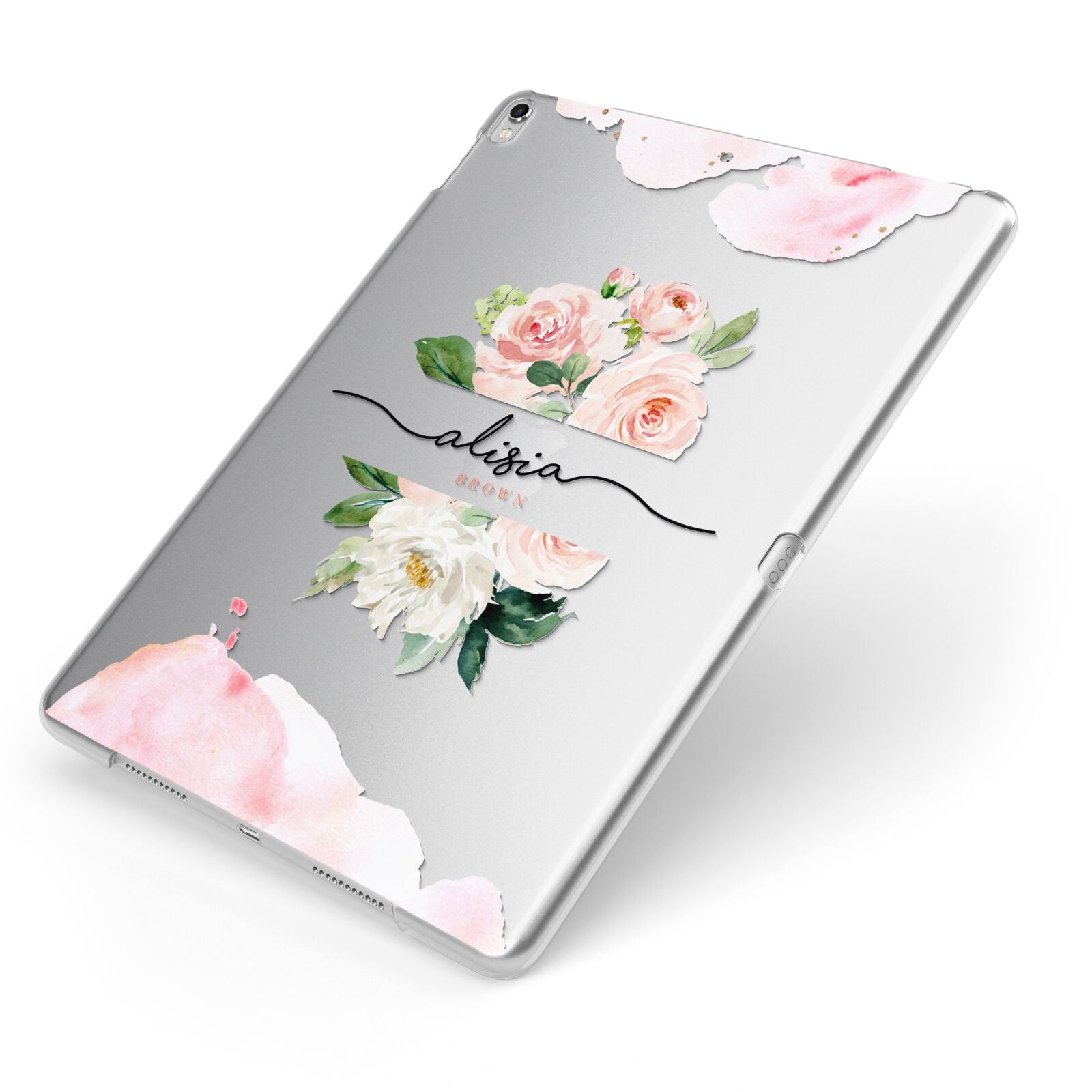 Pretty Roses Personalised Name Apple iPad Case on Silver iPad Side View