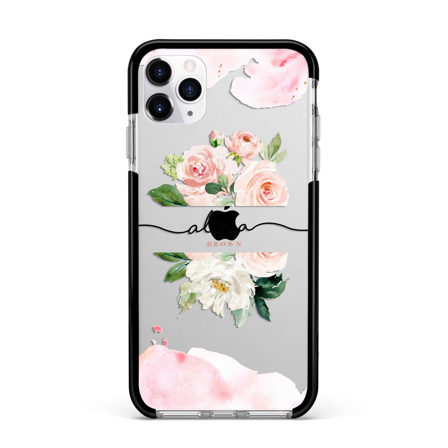 Pretty Roses Personalised Name Apple iPhone 11 Pro Max in Silver with Black Impact Case