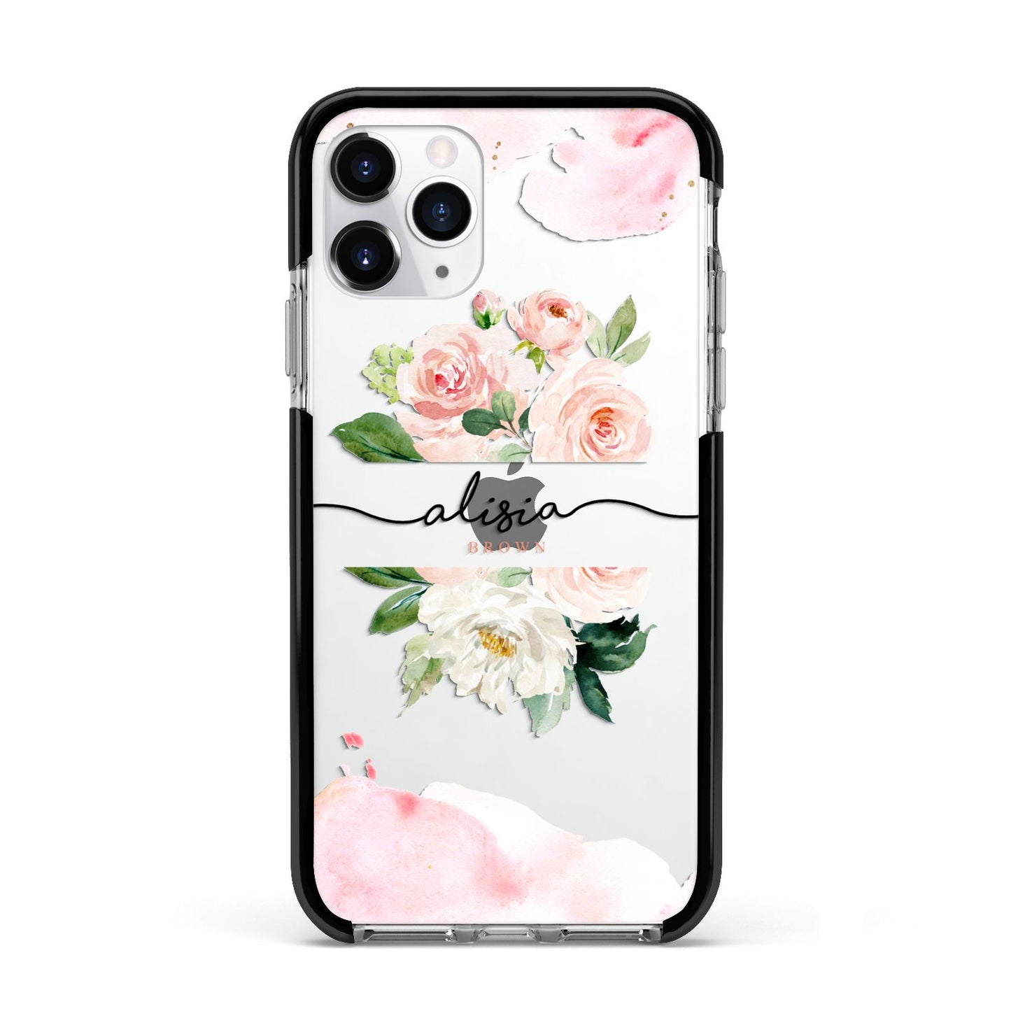 Pretty Roses Personalised Name Apple iPhone 11 Pro in Silver with Black Impact Case