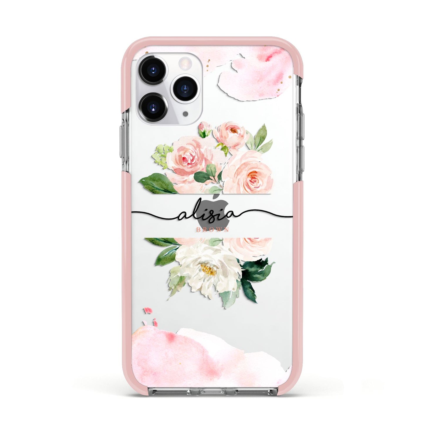Pretty Roses Personalised Name Apple iPhone 11 Pro in Silver with Pink Impact Case
