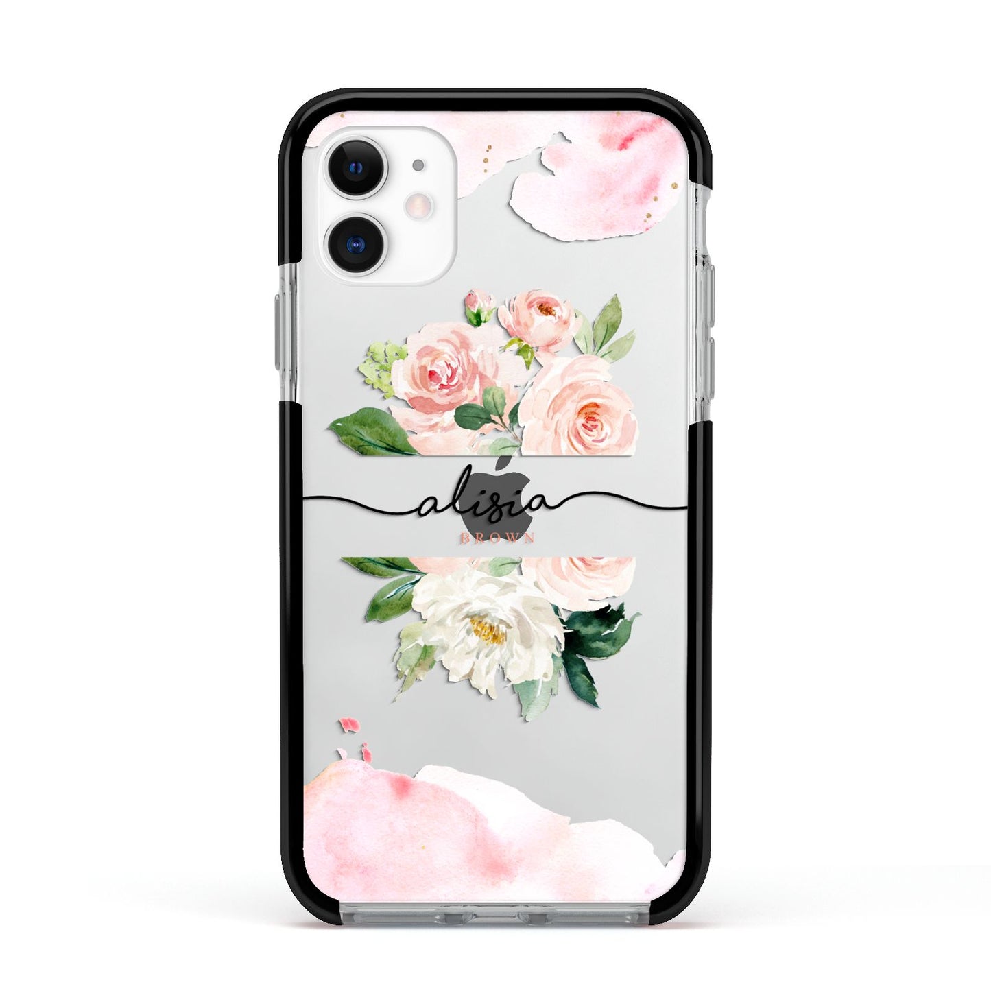 Pretty Roses Personalised Name Apple iPhone 11 in White with Black Impact Case