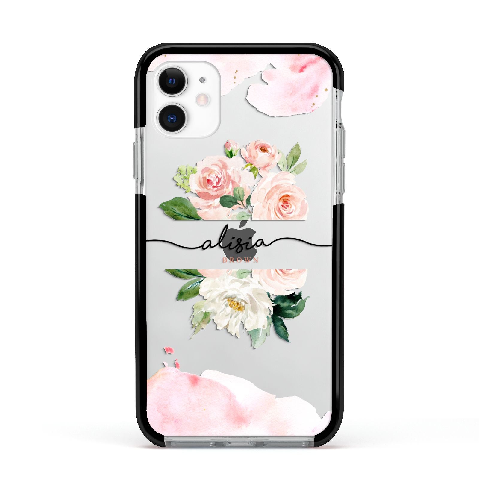 Pretty Roses Personalised Name Apple iPhone 11 in White with Black Impact Case