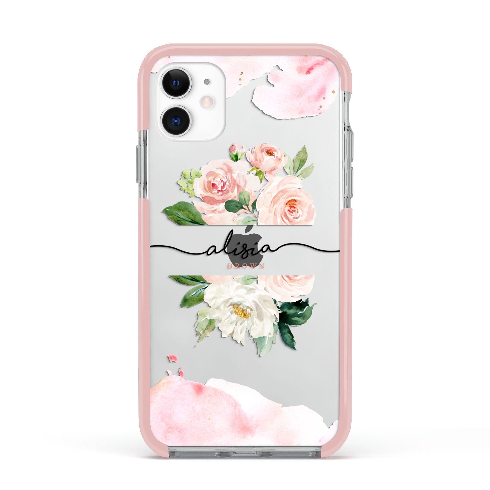 Pretty Roses Personalised Name Apple iPhone 11 in White with Pink Impact Case