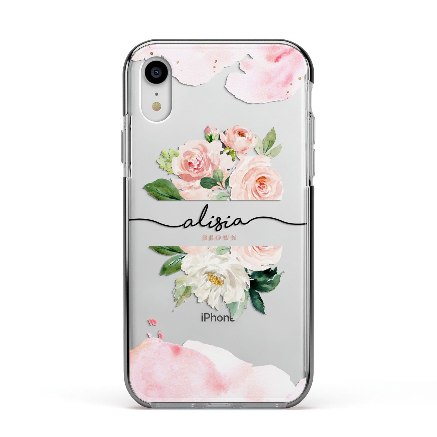 Pretty Roses Personalised Name Apple iPhone XR Impact Case Black Edge on Silver Phone