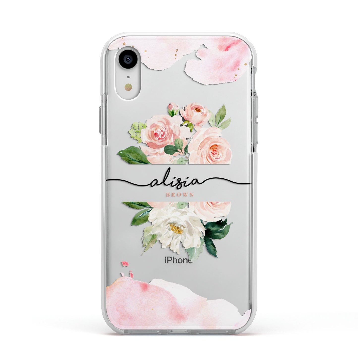 Pretty Roses Personalised Name Apple iPhone XR Impact Case White Edge on Silver Phone