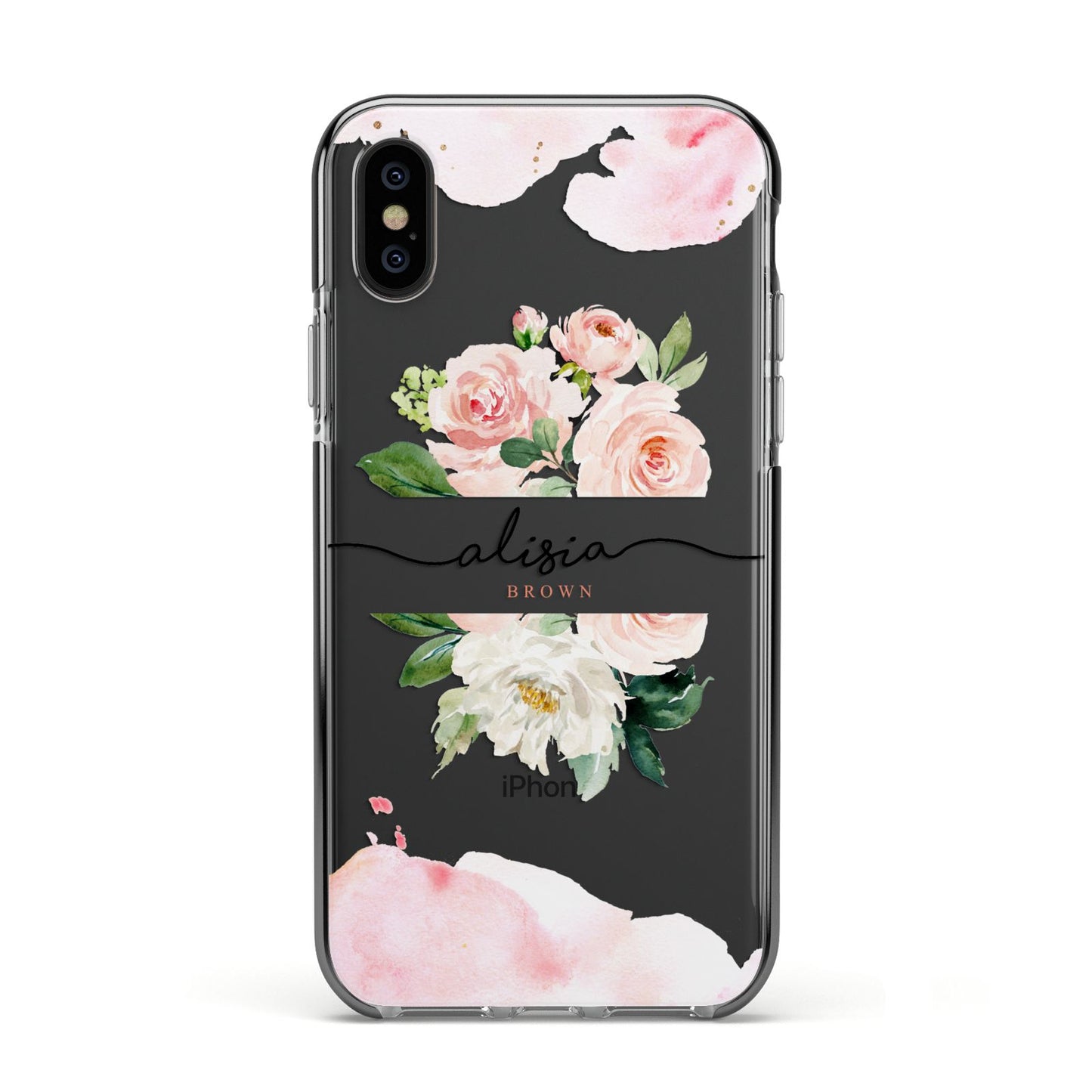 Pretty Roses Personalised Name Apple iPhone Xs Impact Case Black Edge on Black Phone