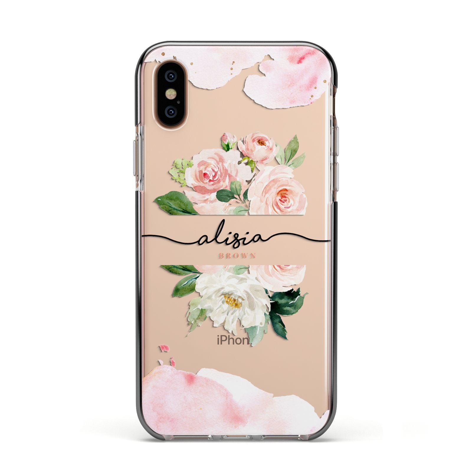 Pretty Roses Personalised Name Apple iPhone Xs Impact Case Black Edge on Gold Phone