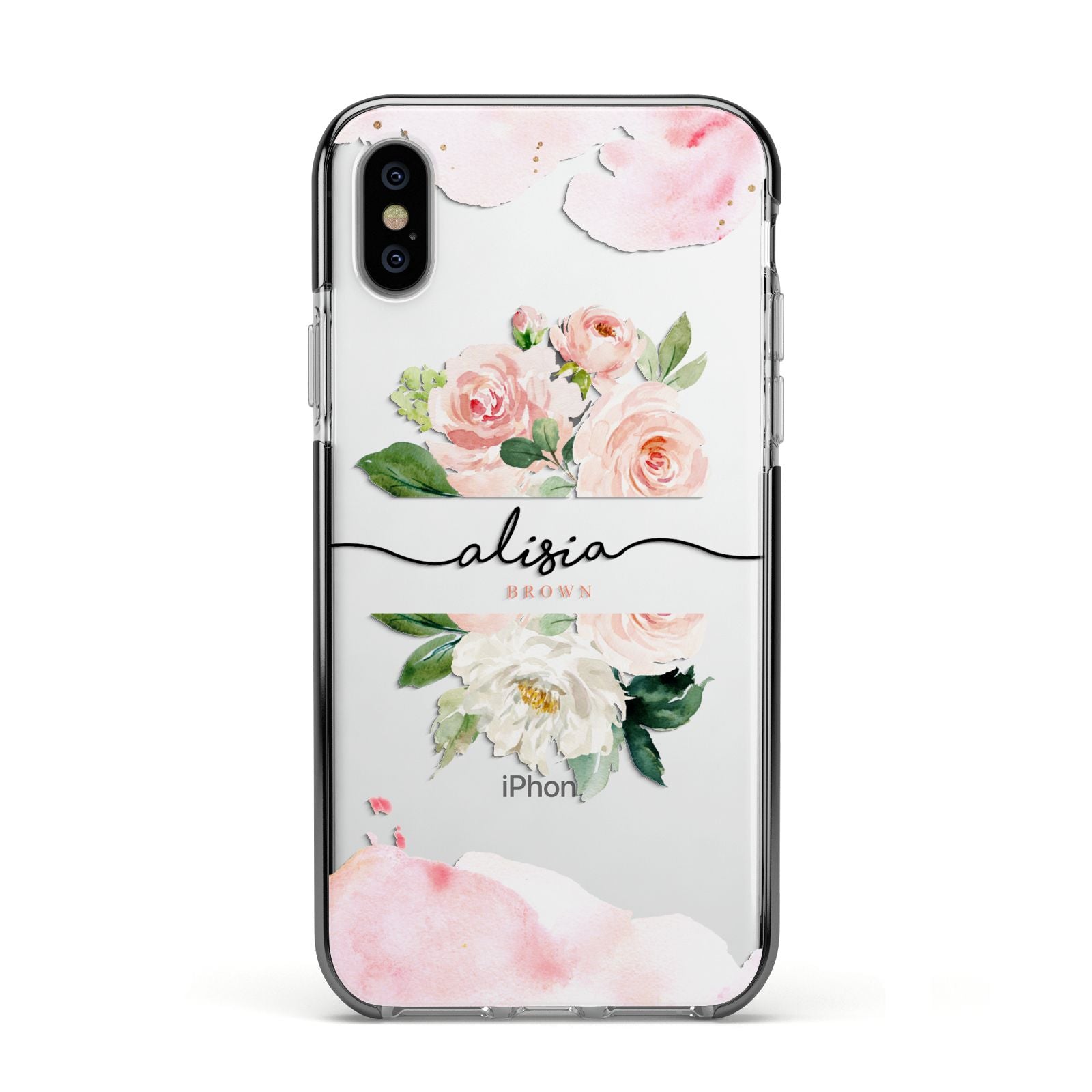 Pretty Roses Personalised Name Apple iPhone Xs Impact Case Black Edge on Silver Phone