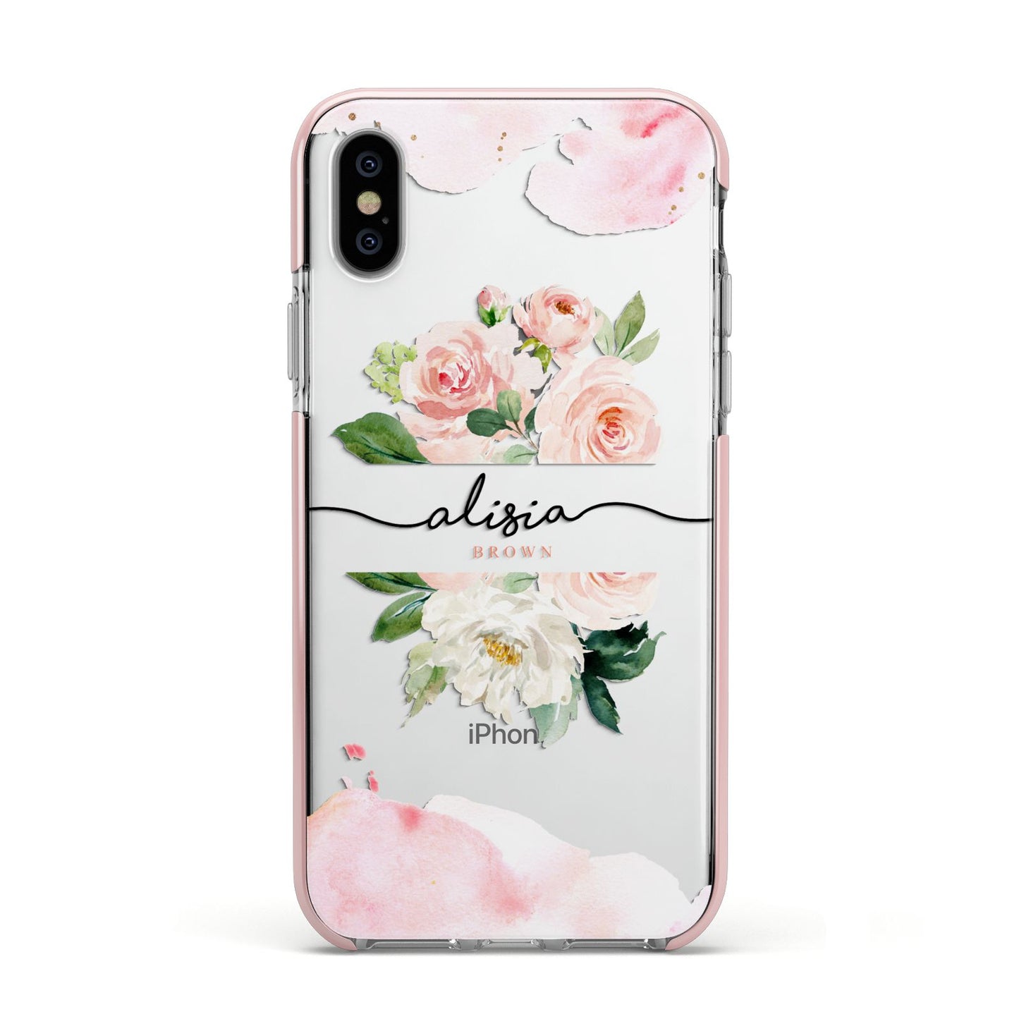 Pretty Roses Personalised Name Apple iPhone Xs Impact Case Pink Edge on Silver Phone
