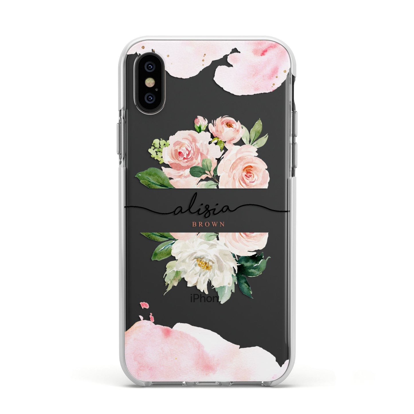 Pretty Roses Personalised Name Apple iPhone Xs Impact Case White Edge on Black Phone
