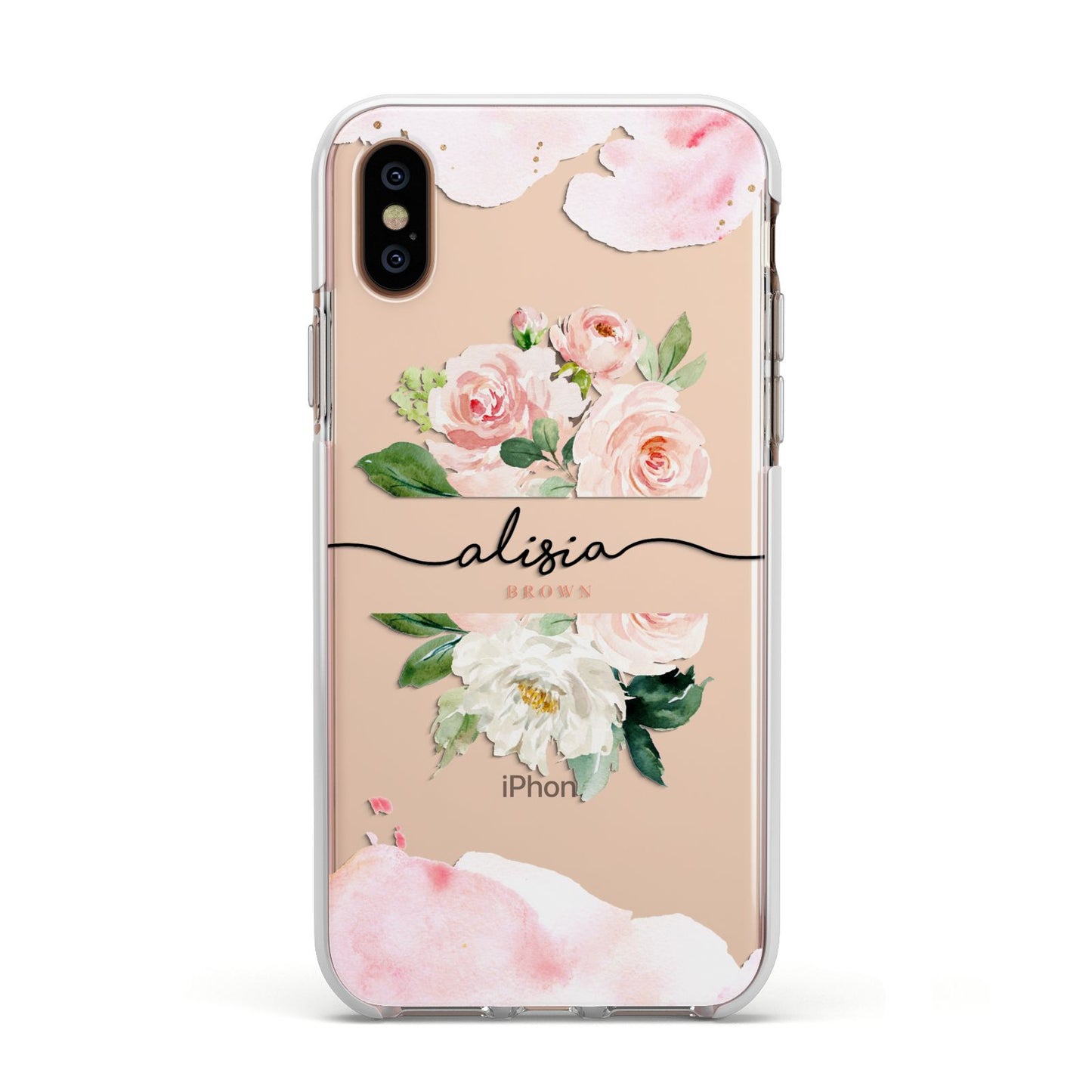 Pretty Roses Personalised Name Apple iPhone Xs Impact Case White Edge on Gold Phone