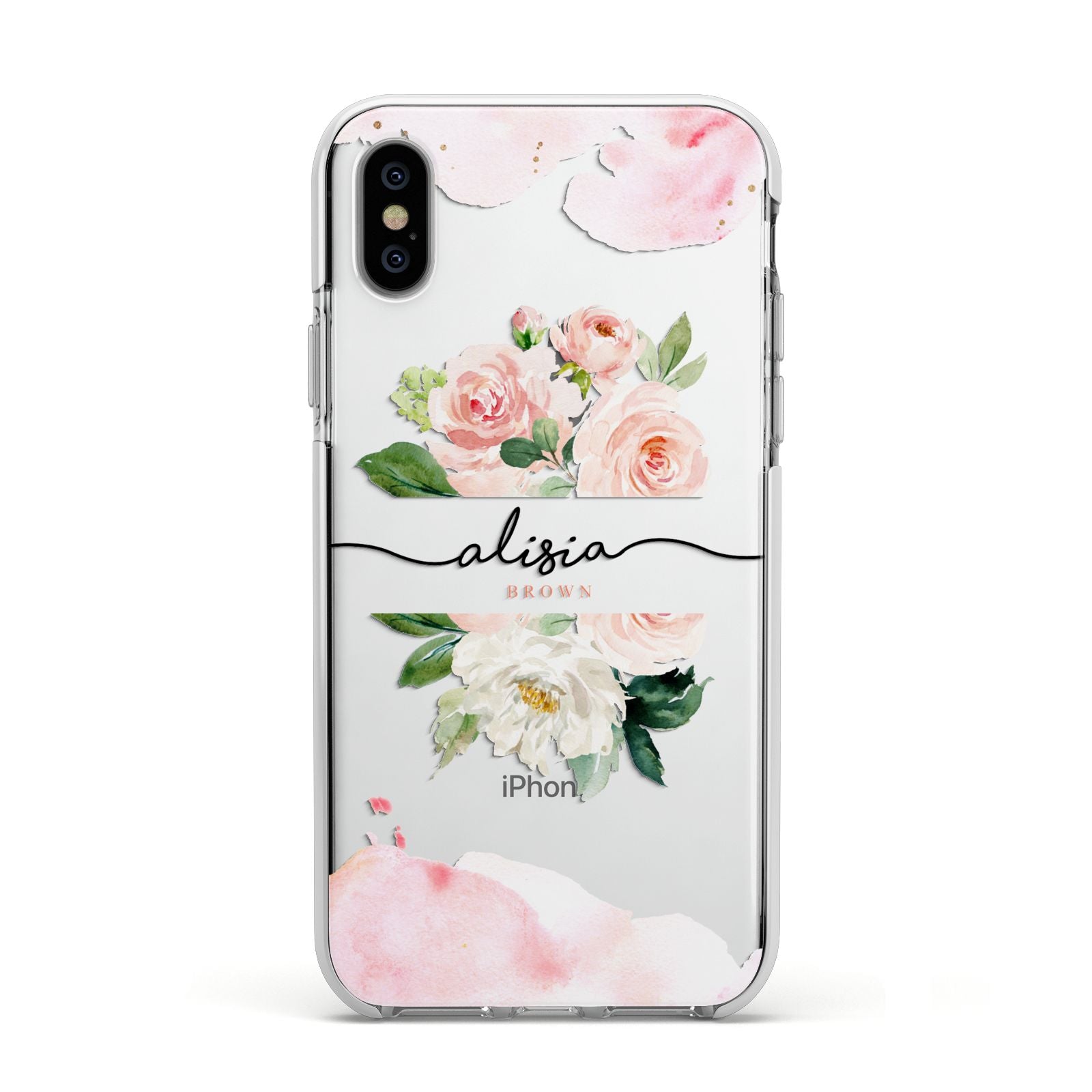 Pretty Roses Personalised Name Apple iPhone Xs Impact Case White Edge on Silver Phone