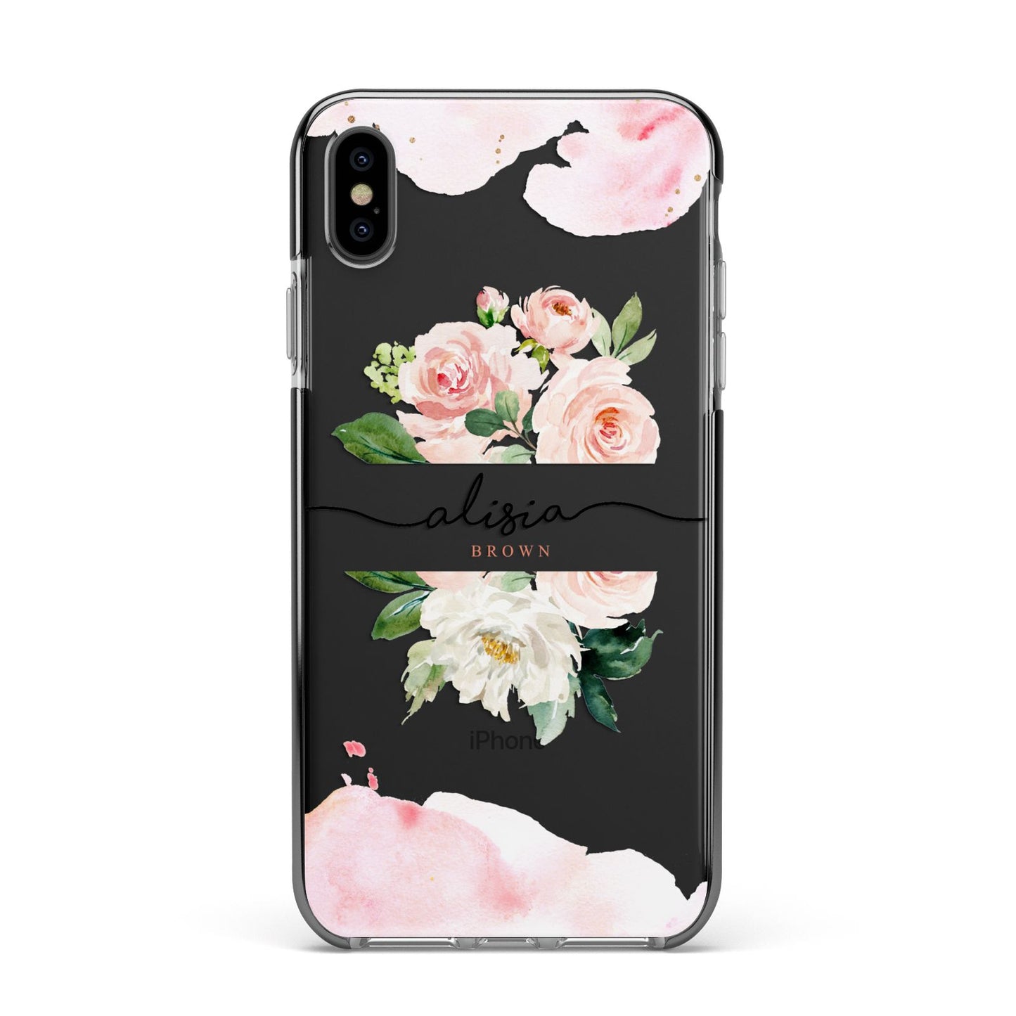 Pretty Roses Personalised Name Apple iPhone Xs Max Impact Case Black Edge on Black Phone