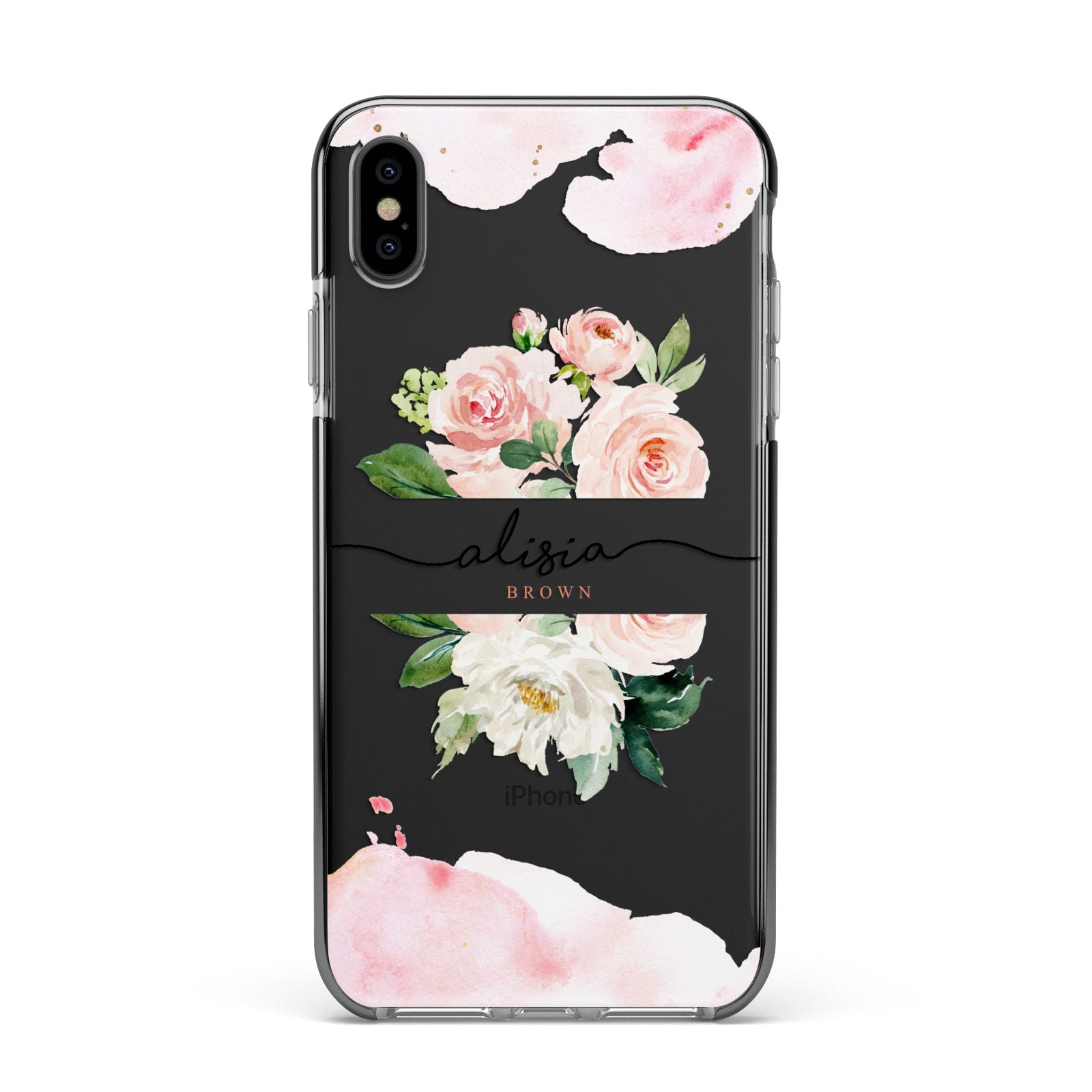 Pretty Roses Personalised Name Apple iPhone Xs Max Impact Case Black Edge on Black Phone