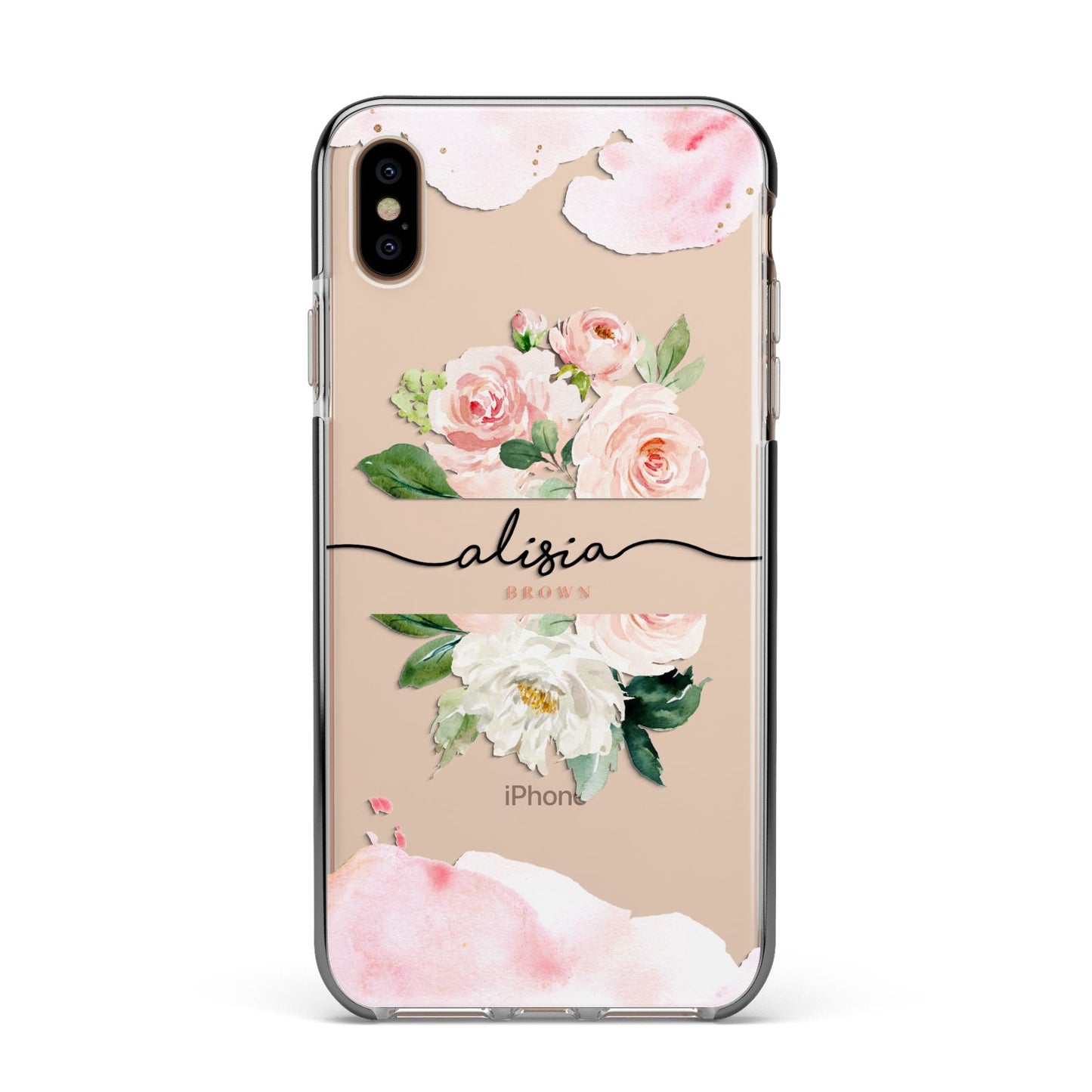 Pretty Roses Personalised Name Apple iPhone Xs Max Impact Case Black Edge on Gold Phone