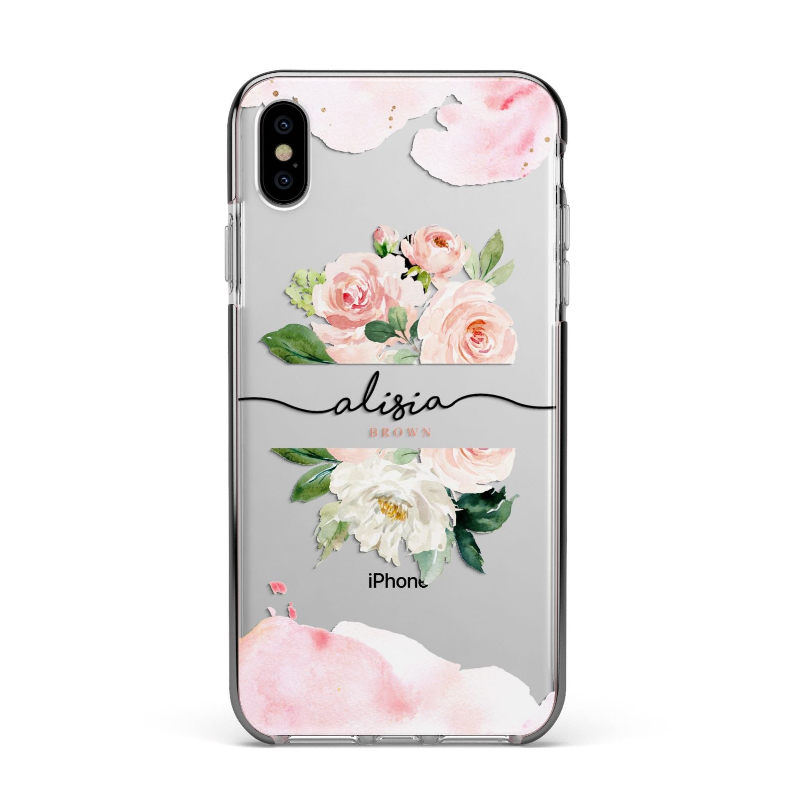 Pretty Roses Personalised Name Apple iPhone Xs Max Impact Case Black Edge on Silver Phone