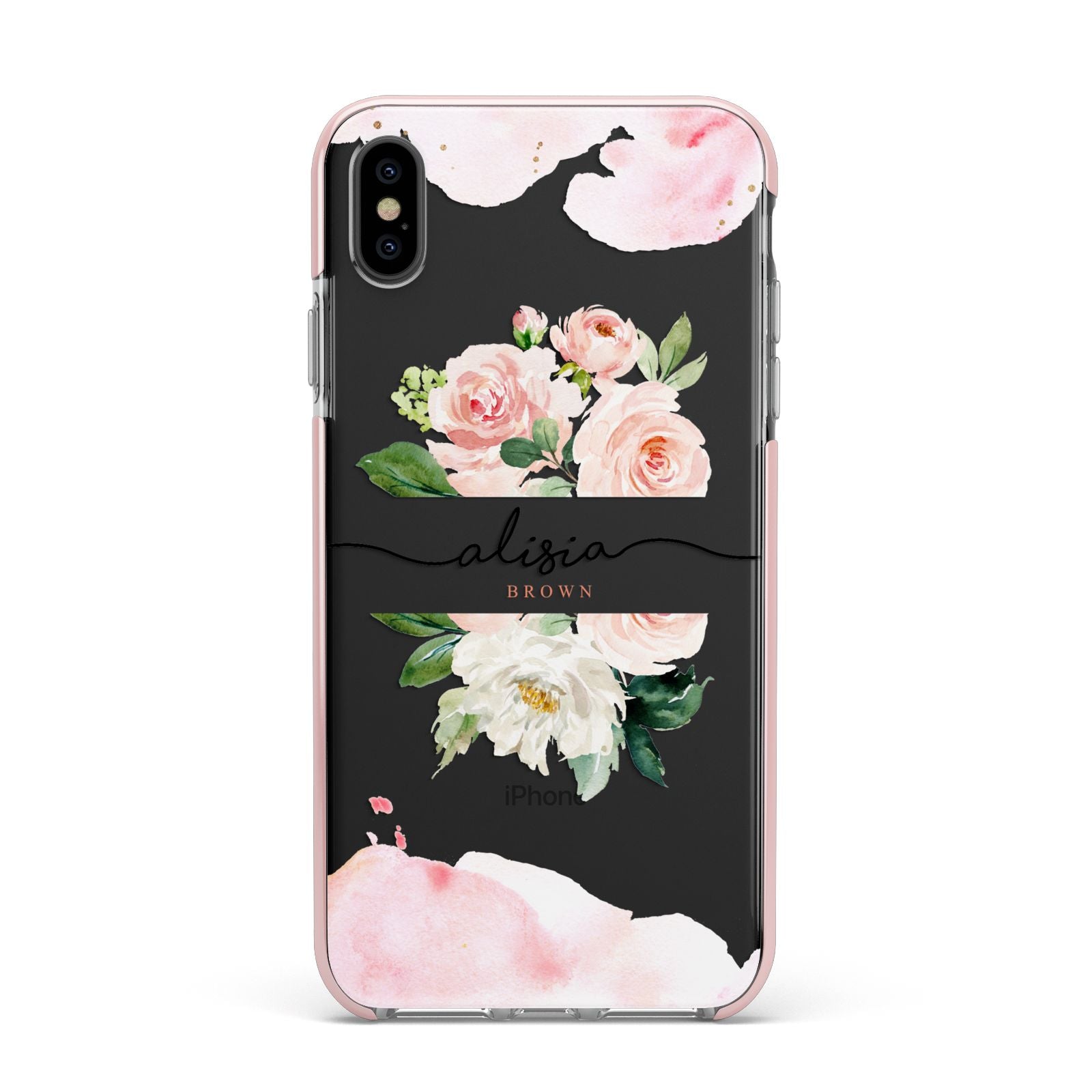 Pretty Roses Personalised Name Apple iPhone Xs Max Impact Case Pink Edge on Black Phone