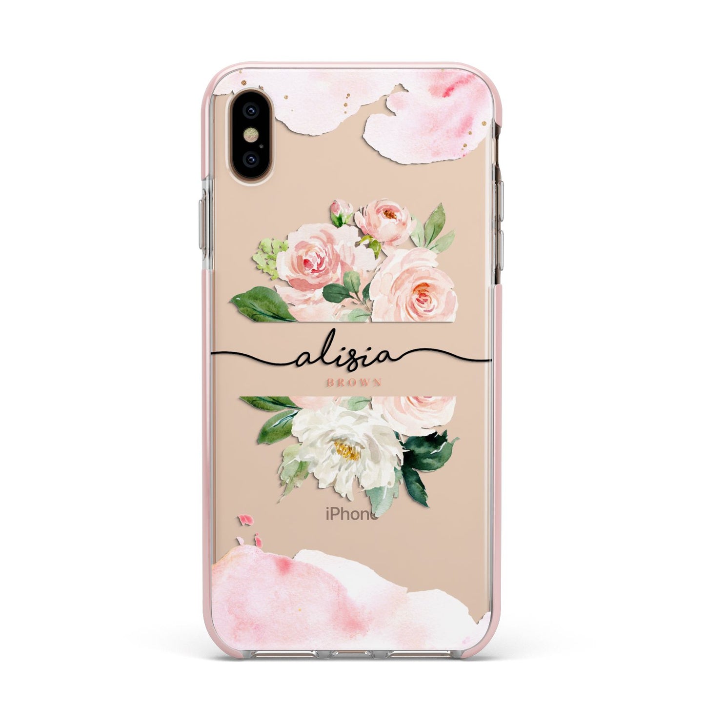 Pretty Roses Personalised Name Apple iPhone Xs Max Impact Case Pink Edge on Gold Phone