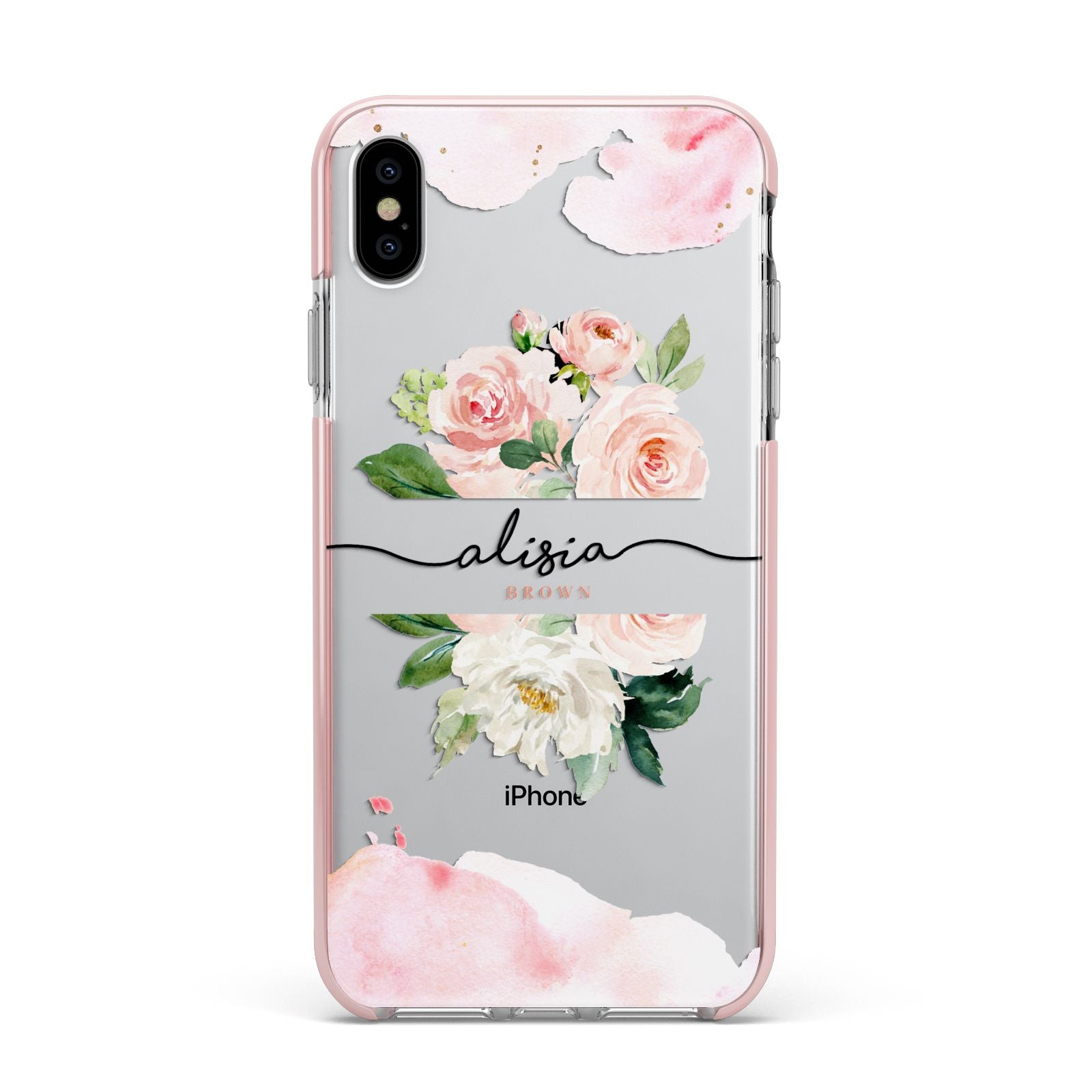Pretty Roses Personalised Name Apple iPhone Xs Max Impact Case Pink Edge on Silver Phone