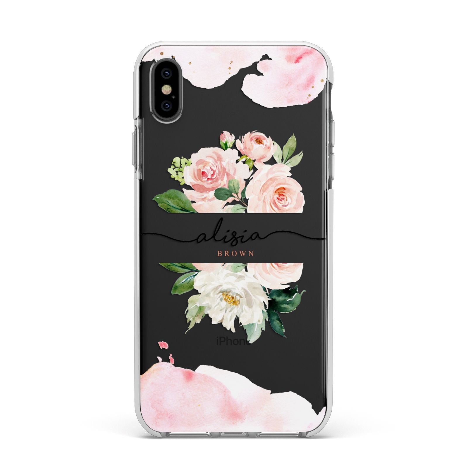 Pretty Roses Personalised Name Apple iPhone Xs Max Impact Case White Edge on Black Phone