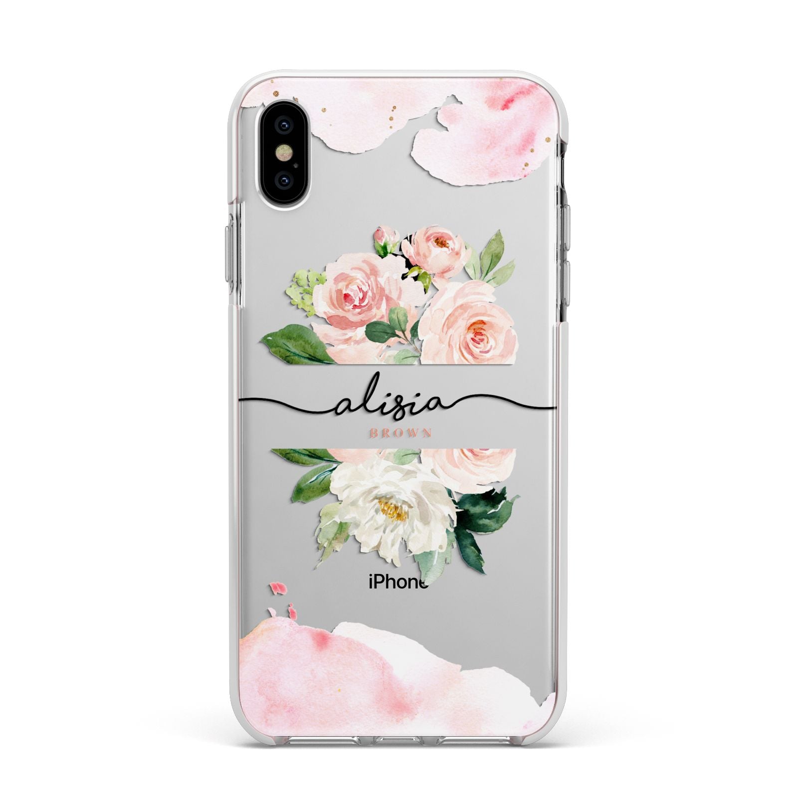 Pretty Roses Personalised Name Apple iPhone Xs Max Impact Case White Edge on Silver Phone