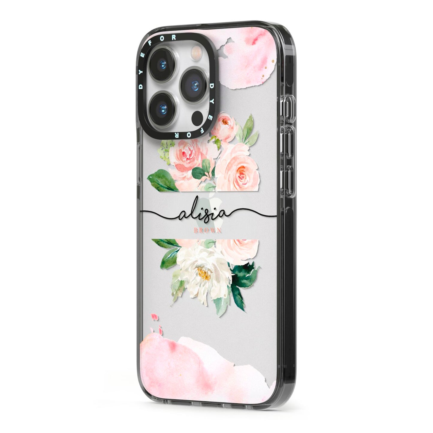 Pretty Roses Personalised Name iPhone 13 Pro Black Impact Case Side Angle on Silver phone