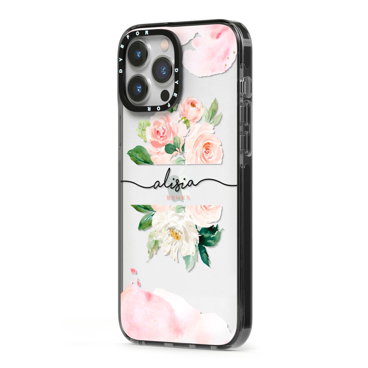 Pretty Roses Personalised Name iPhone 13 Pro Max Black Impact Case Side Angle on Silver phone