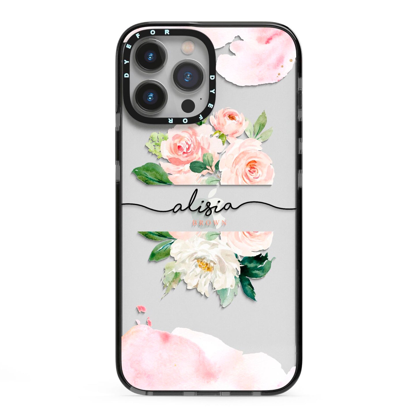 Pretty Roses Personalised Name iPhone 13 Pro Max Black Impact Case on Silver phone