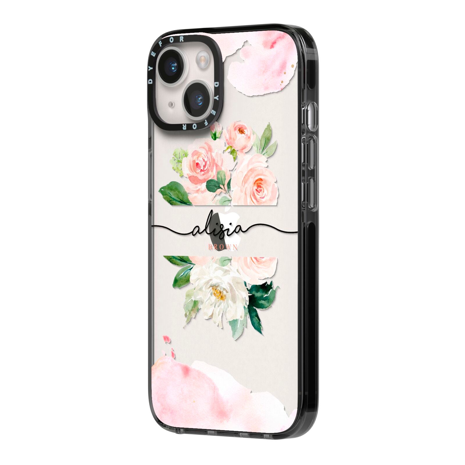 Pretty Roses Personalised Name iPhone 14 Black Impact Case Side Angle on Silver phone