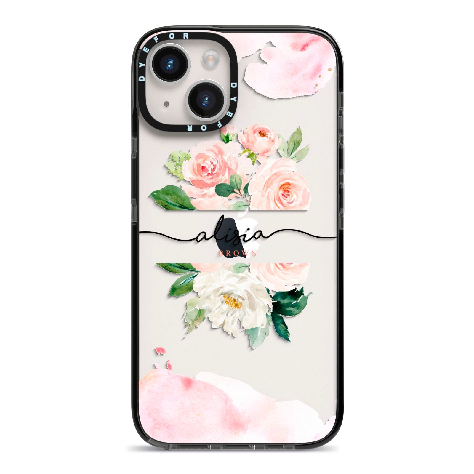 Pretty Roses Personalised Name iPhone 14 Black Impact Case on Silver phone