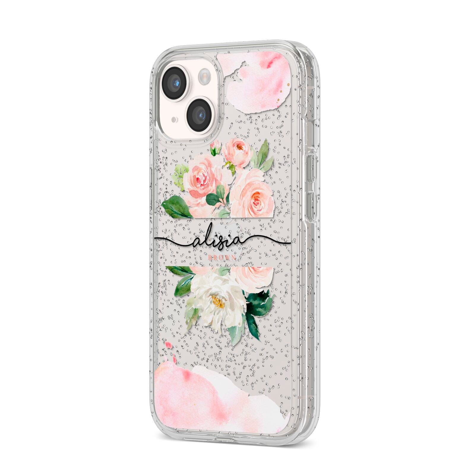 Pretty Roses Personalised Name iPhone 14 Glitter Tough Case Starlight Angled Image