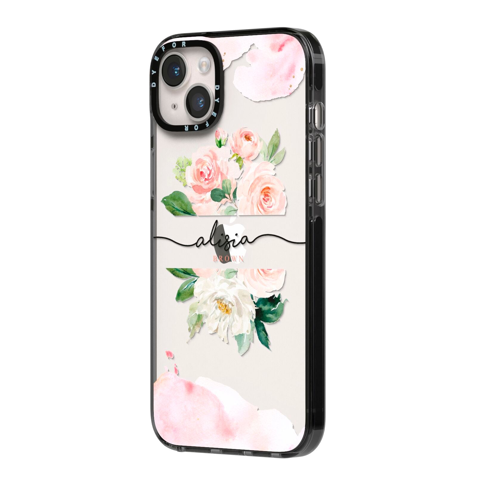 Pretty Roses Personalised Name iPhone 14 Plus Black Impact Case Side Angle on Silver phone