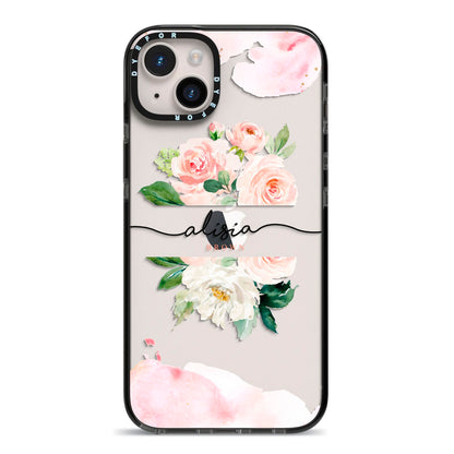 Pretty Roses Personalised Name iPhone 14 Plus Black Impact Case on Silver phone