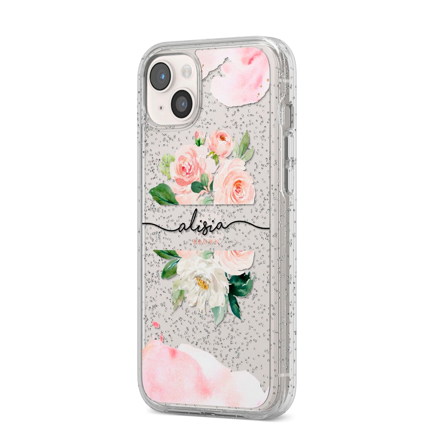 Pretty Roses Personalised Name iPhone 14 Plus Glitter Tough Case Starlight Angled Image