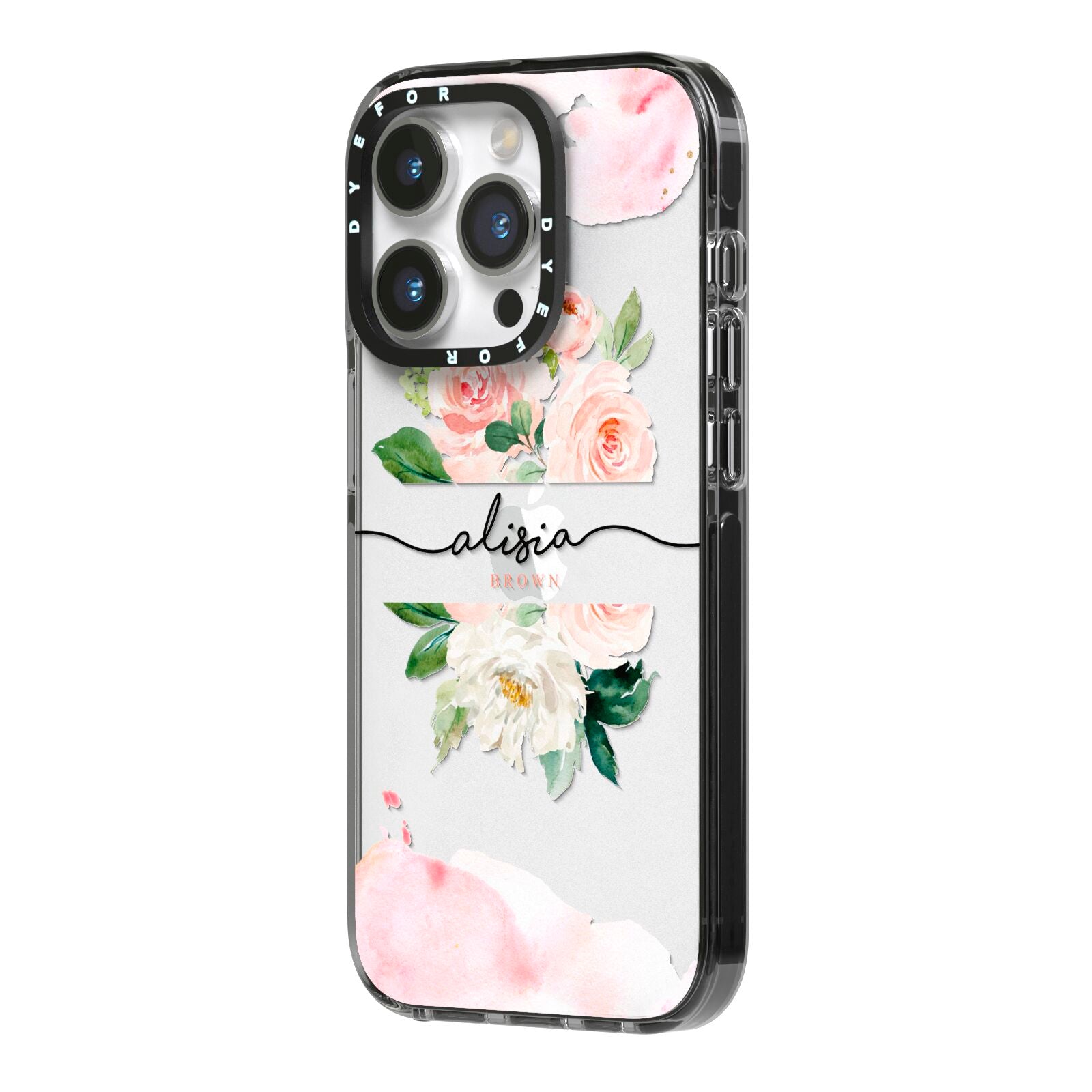Pretty Roses Personalised Name iPhone 14 Pro Black Impact Case Side Angle on Silver phone