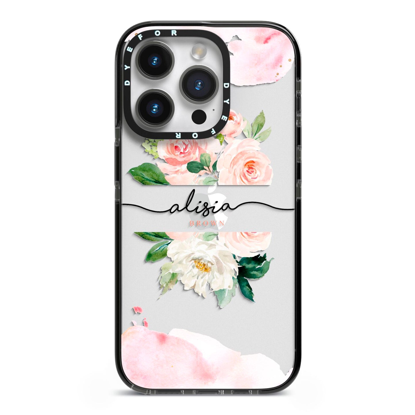 Pretty Roses Personalised Name iPhone 14 Pro Black Impact Case on Silver phone