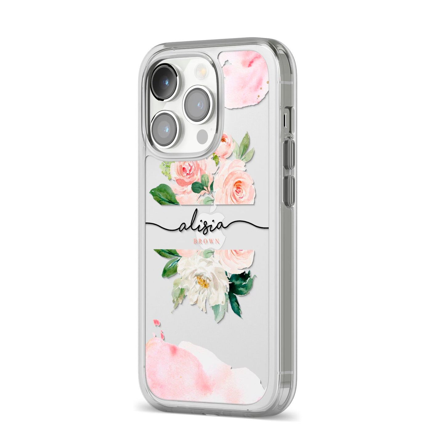 Pretty Roses Personalised Name iPhone 14 Pro Clear Tough Case Silver Angled Image