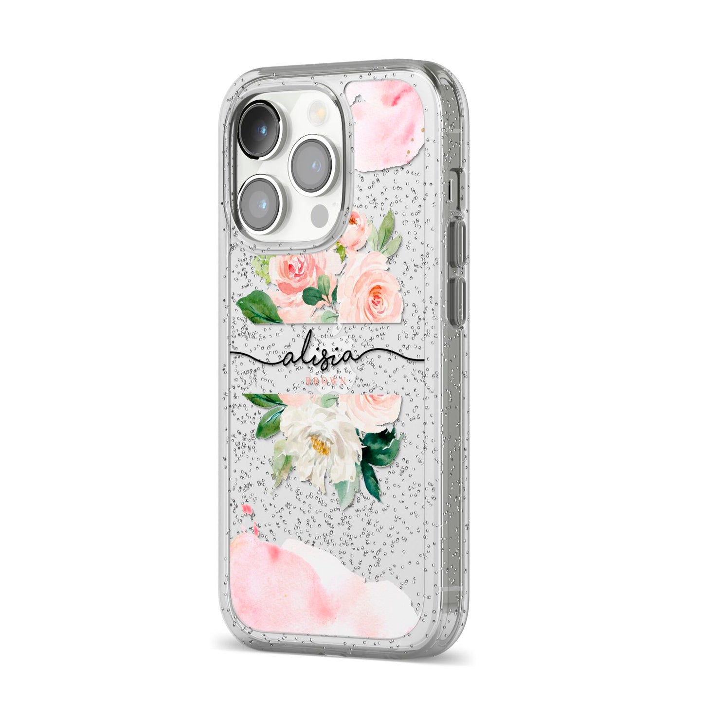 Pretty Roses Personalised Name iPhone 14 Pro Glitter Tough Case Silver Angled Image