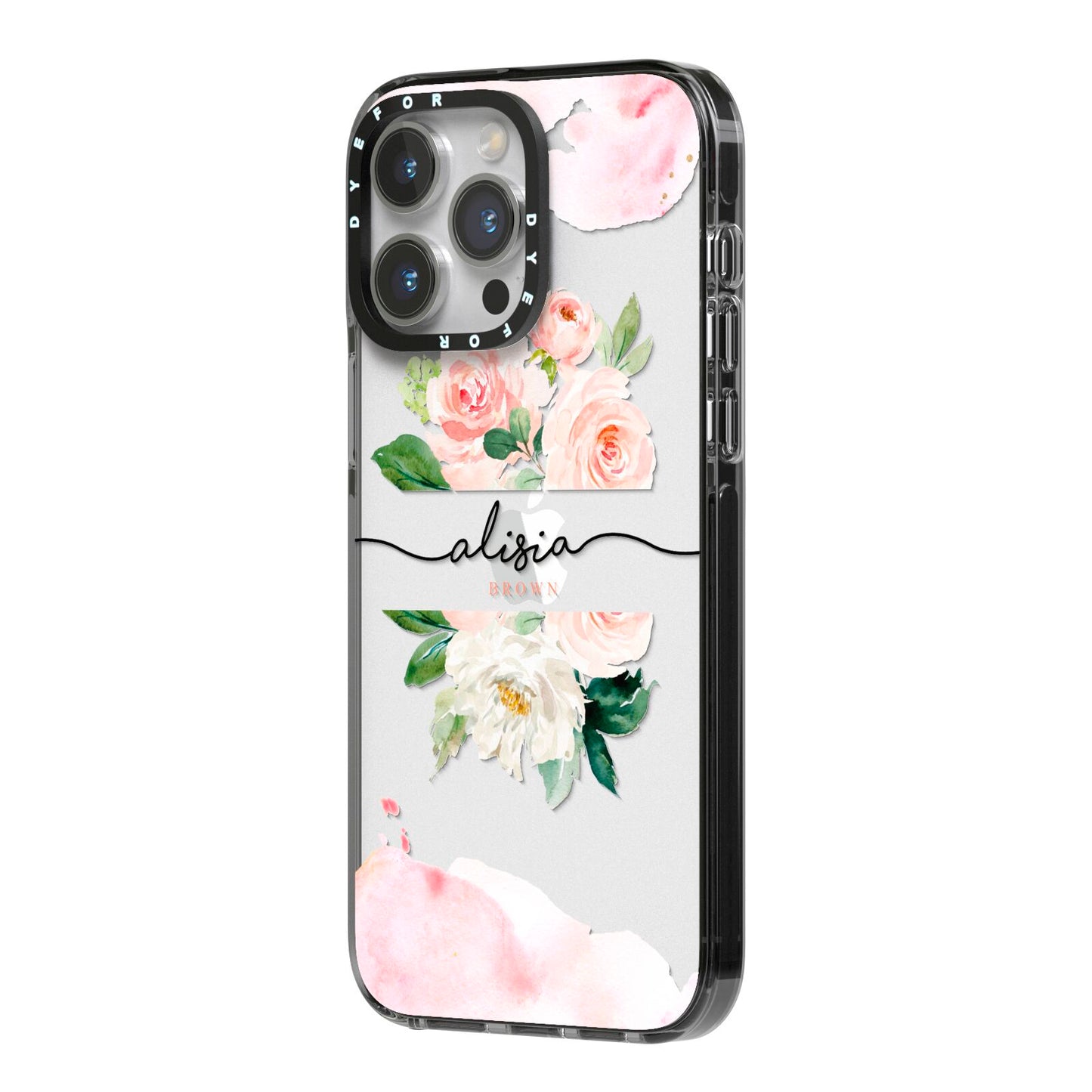 Pretty Roses Personalised Name iPhone 14 Pro Max Black Impact Case Side Angle on Silver phone