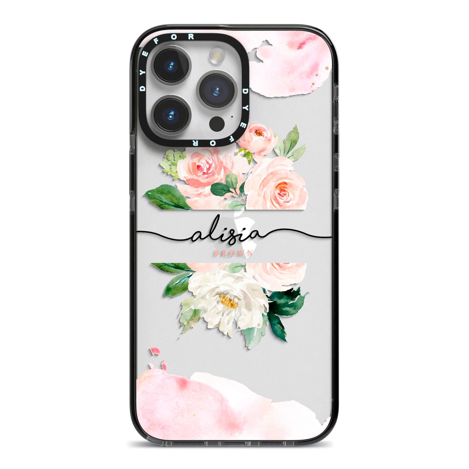 Pretty Roses Personalised Name iPhone 14 Pro Max Black Impact Case on Silver phone