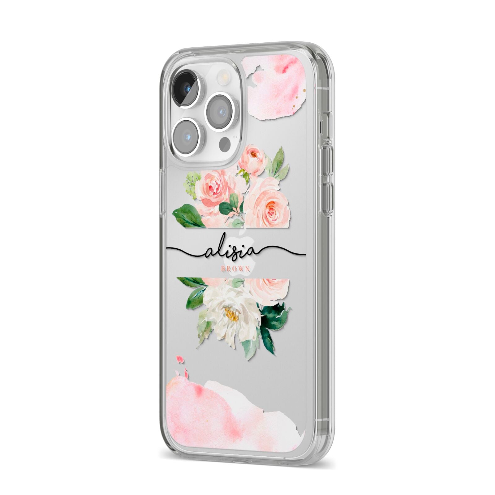 Pretty Roses Personalised Name iPhone 14 Pro Max Clear Tough Case Silver Angled Image