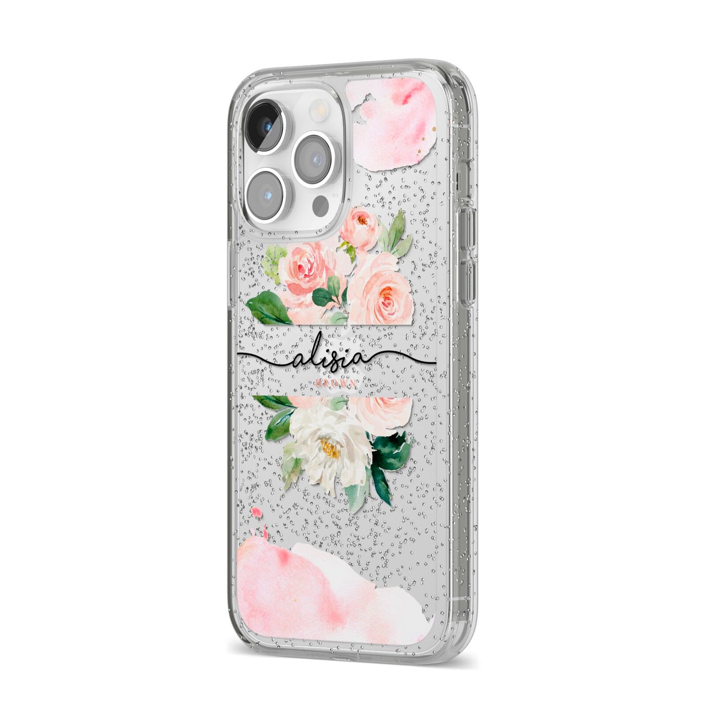 Pretty Roses Personalised Name iPhone 14 Pro Max Glitter Tough Case Silver Angled Image