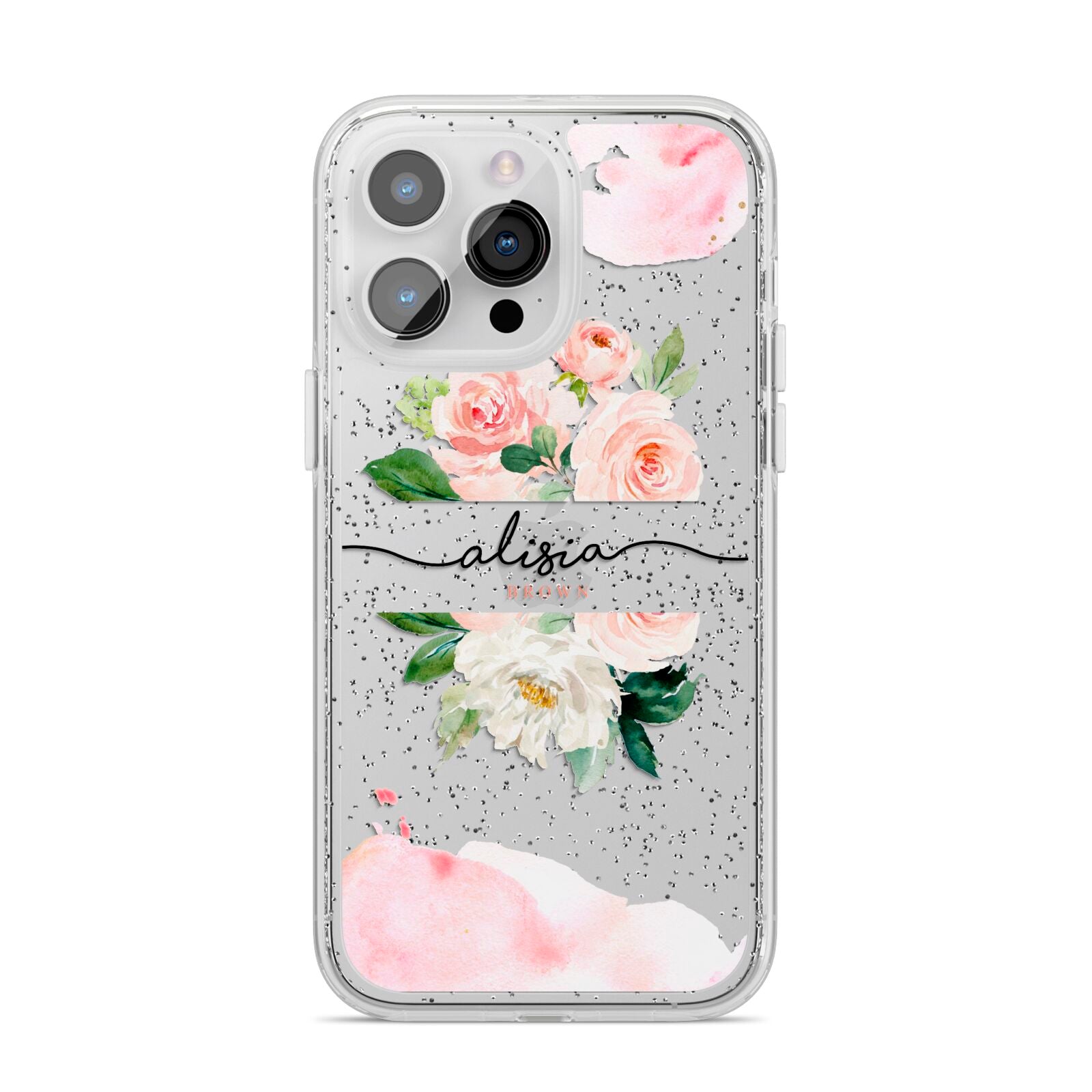 Pretty Roses Personalised Name iPhone 14 Pro Max Glitter Tough Case Silver