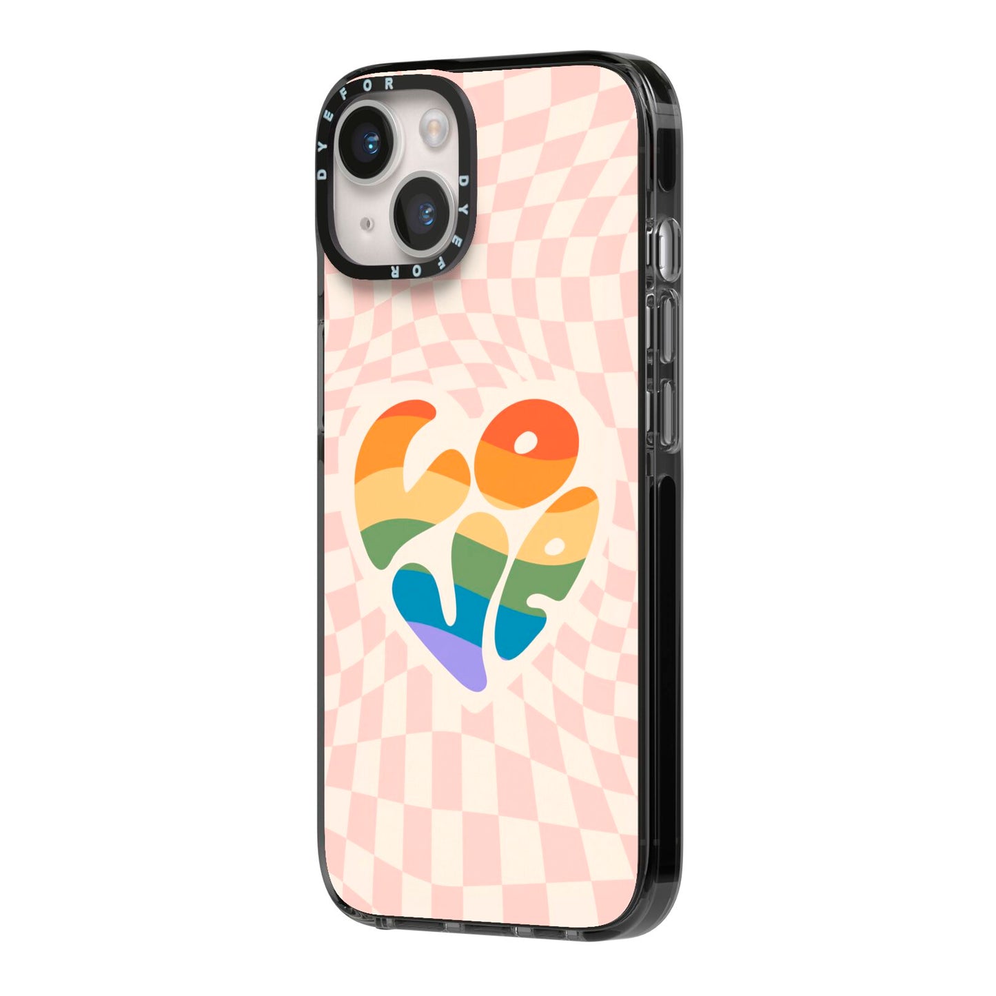 Pride iPhone 14 Black Impact Case Side Angle on Silver phone