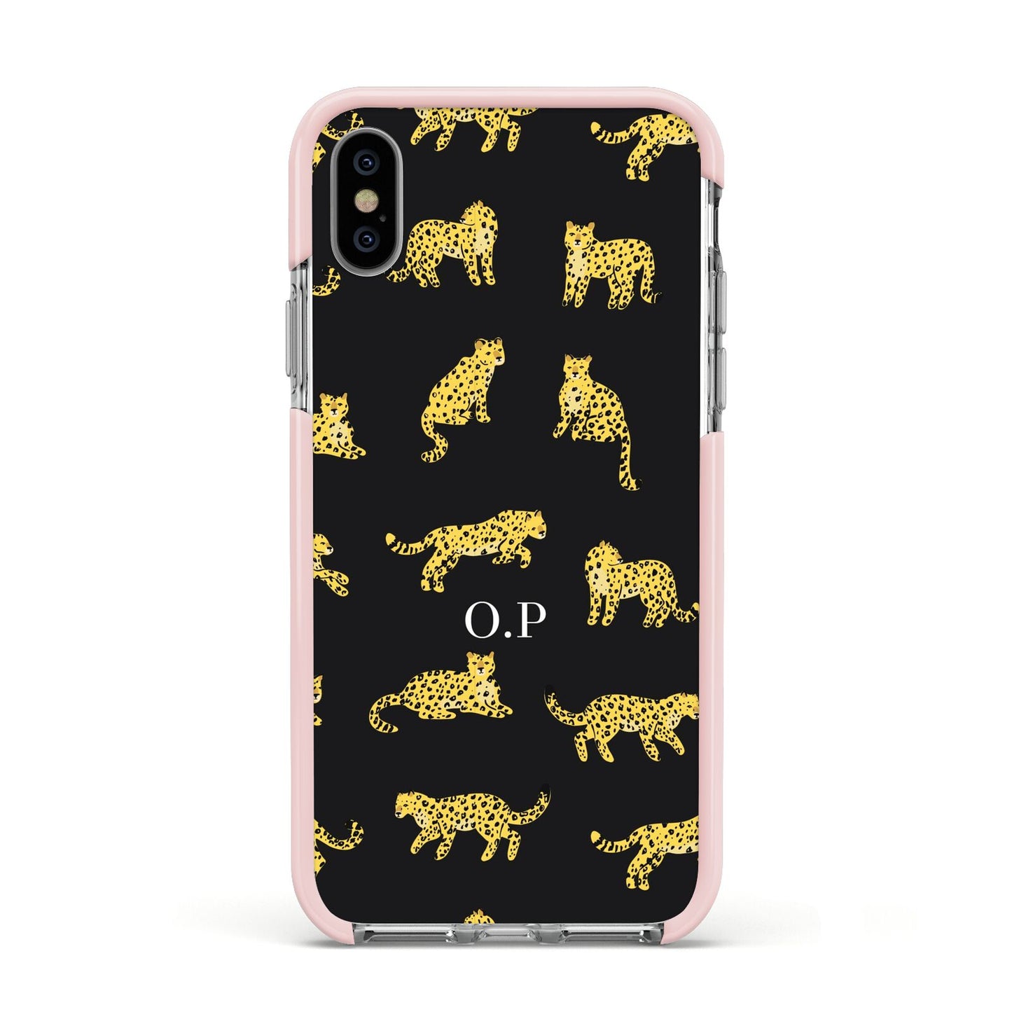 Prowling Leopard Apple iPhone Xs Impact Case Pink Edge on Silver Phone