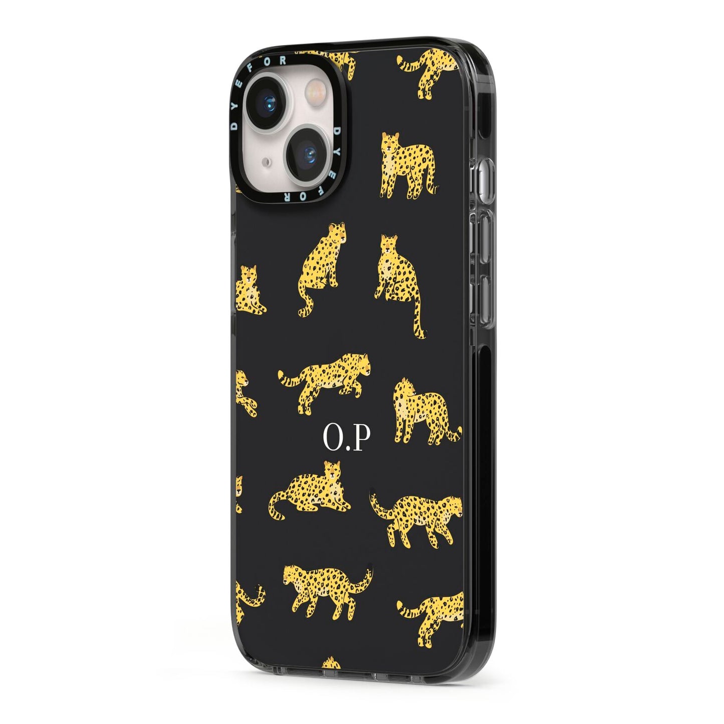 Prowling Leopard iPhone 13 Black Impact Case Side Angle on Silver phone