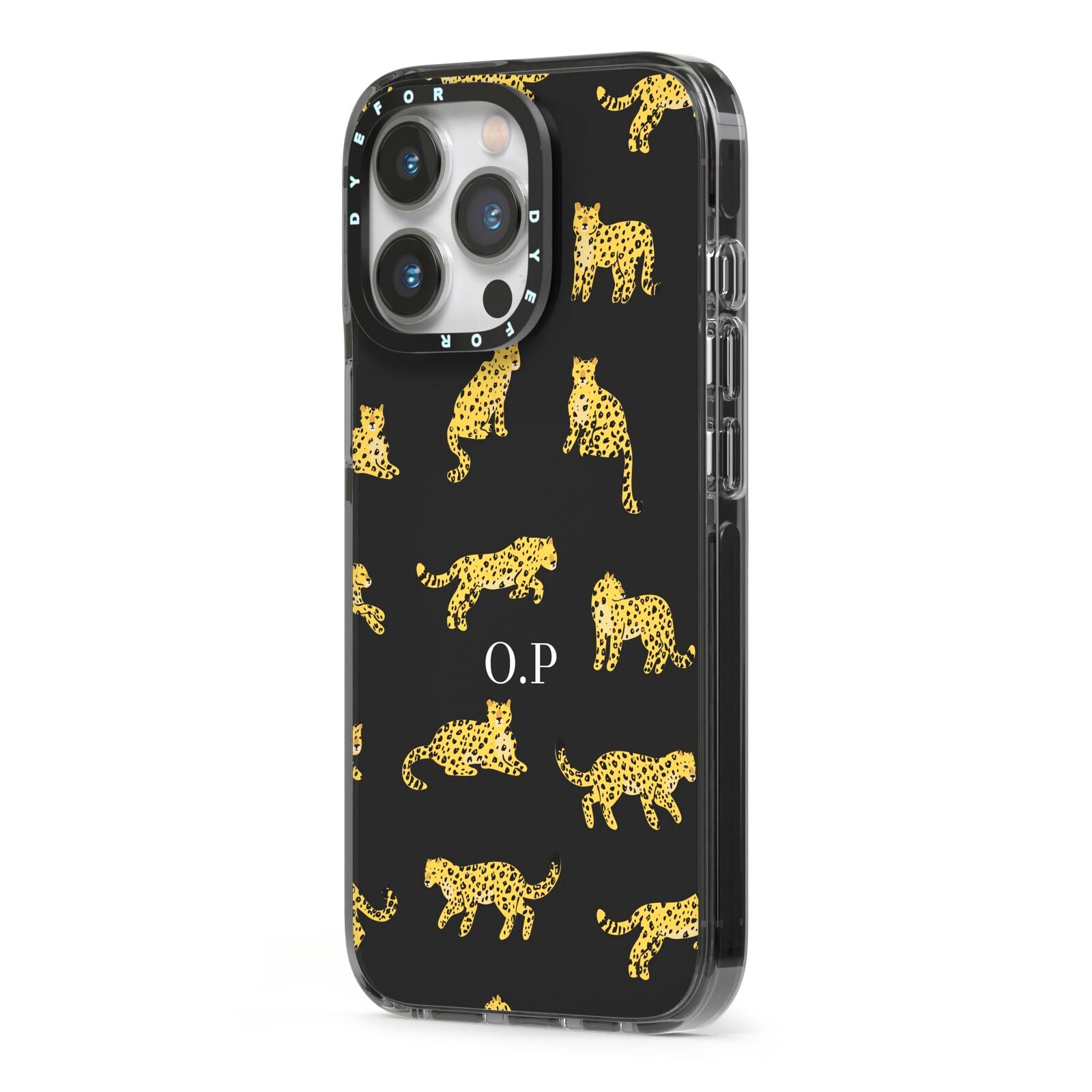 Prowling Leopard iPhone 13 Pro Black Impact Case Side Angle on Silver phone