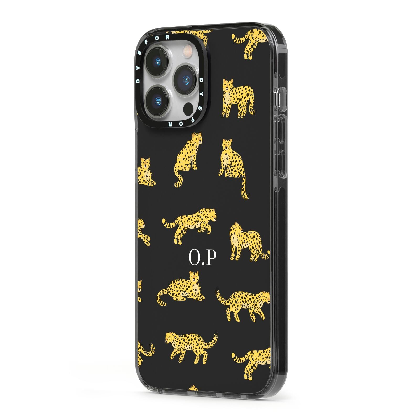 Prowling Leopard iPhone 13 Pro Max Black Impact Case Side Angle on Silver phone